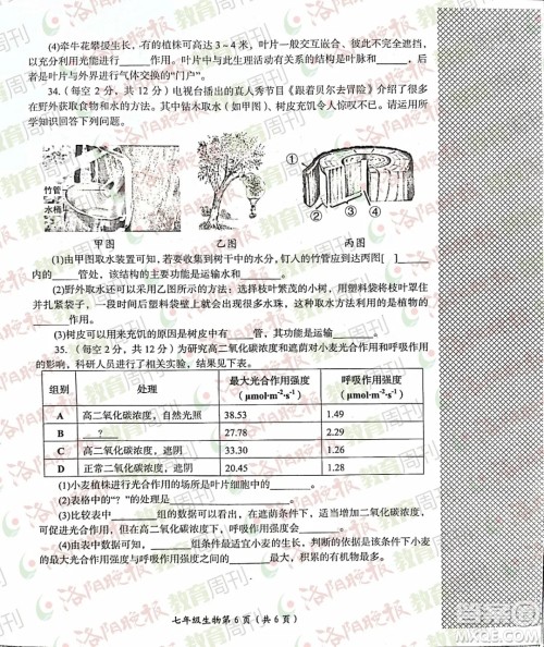 洛阳市2021-2022学年第一学期期末考试七年级生物试题及答案 洛阳市2021-2022学年第一学期期末考试七年级生物试题及答案