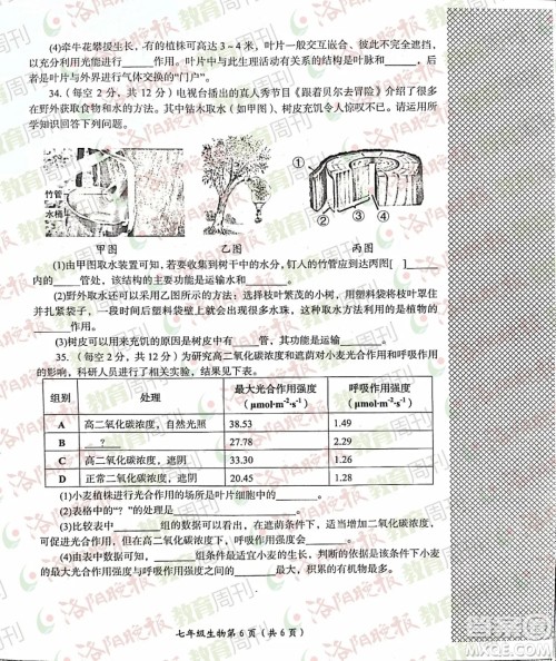 洛阳市2021-2022学年第一学期期末考试七年级生物试题及答案