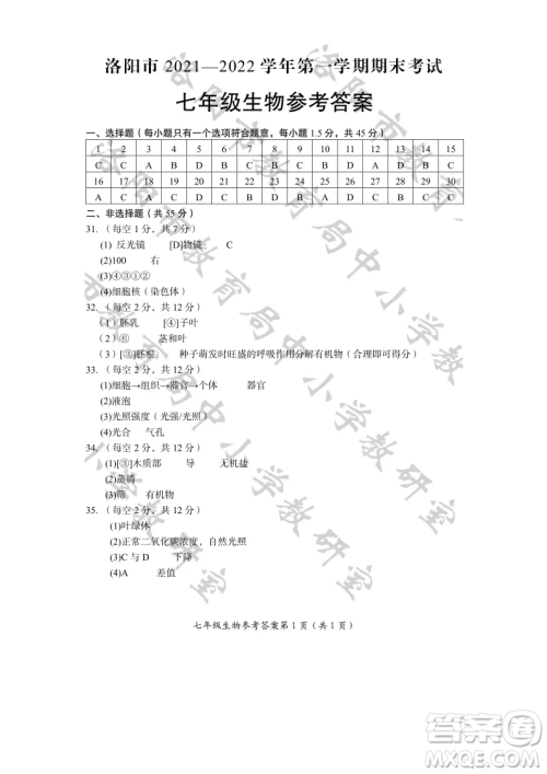 洛阳市2021-2022学年第一学期期末考试七年级生物试题及答案