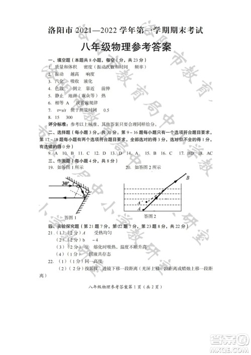 洛阳市2021-2022学年第一学期期末考试八年级物理试题及答案