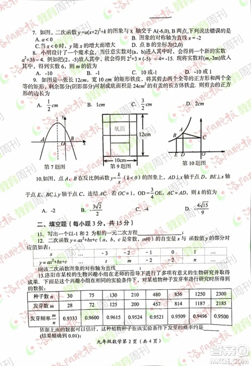 洛阳市2021-2022学年第一学期期末考试九年级数学试题及答案
