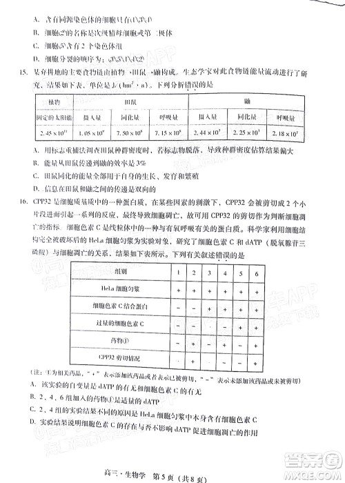 汕尾市2022届高三学生调研考试生物学试题及答案