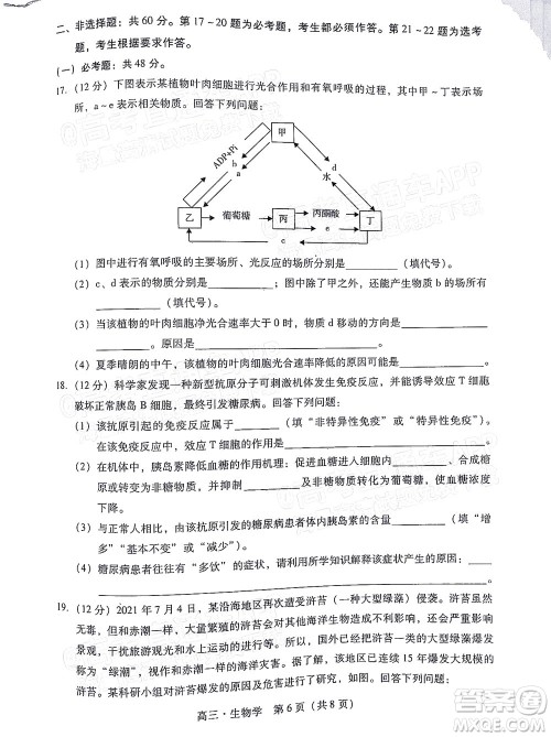 汕尾市2022届高三学生调研考试生物学试题及答案