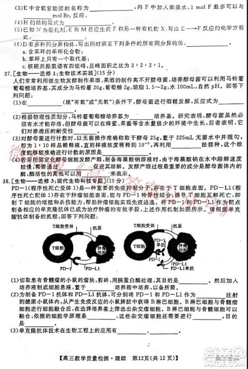 2022年1月广西高三教学质量监测试题理科综合试题及答案