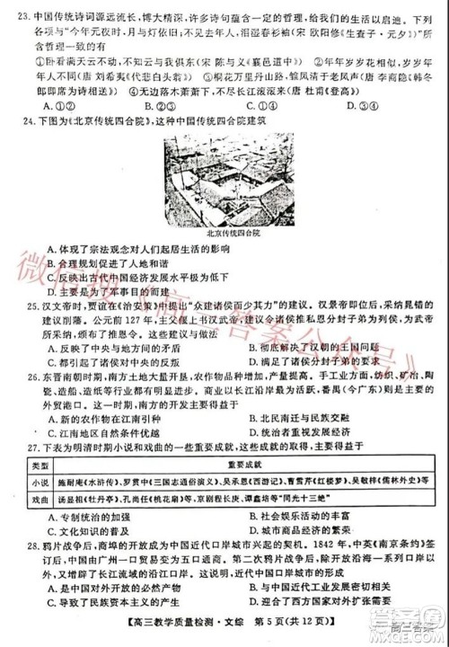 2022年1月广西高三教学质量监测试题文科综合试题及答案