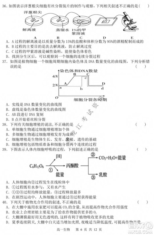 哈三中2021-2022学年度上学期高一学年第一模块考试生物试卷及答案