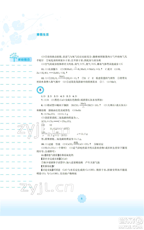 安徽教育出版社2022寒假生活九年级化学人教版参考答案