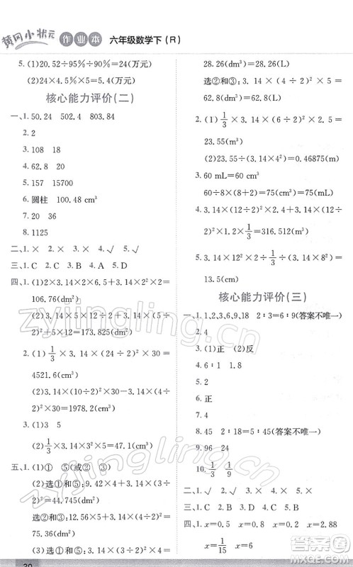 龙门书局2022黄冈小状元作业本六年级数学下册R人教版答案