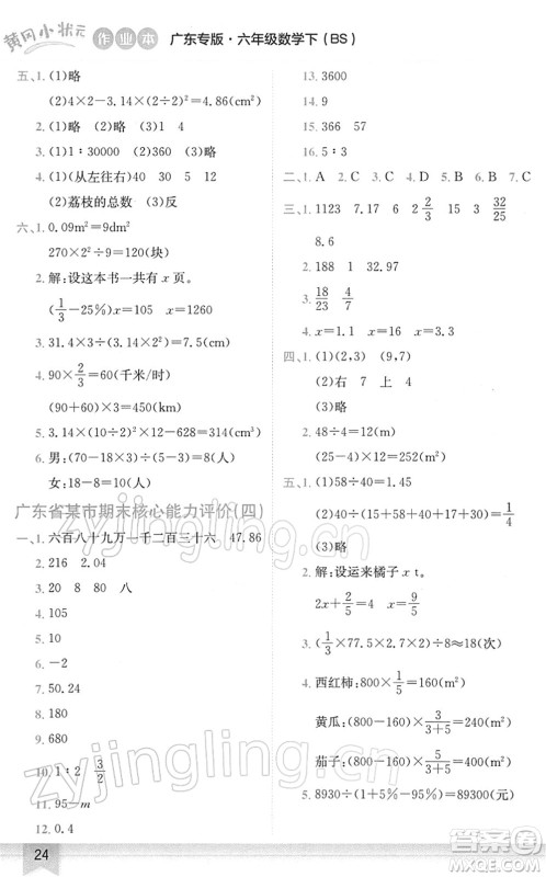 龙门书局2022黄冈小状元作业本六年级数学下册BS北师版广东专版答案