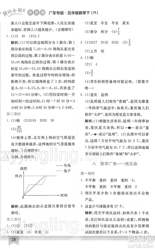 龙门书局2022黄冈小状元作业本五年级数学下册R人教版广东专版答案