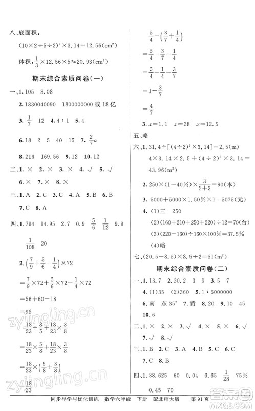 新世纪出版社2022同步导学与优化训练六年级数学下册北师大版答案