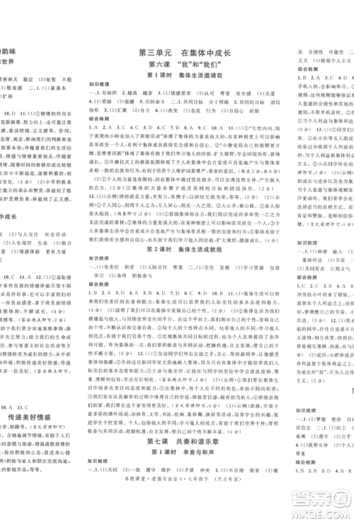 安徽师范大学出版社2022名校课堂背记手册七年级道德与法治下册人教版河北专版参考答案