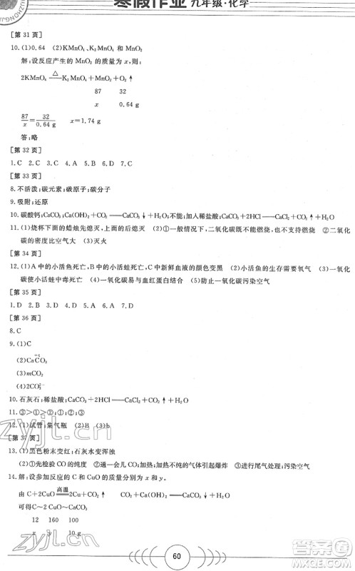 华中科技大学出版社2022寒假作业九年级化学人教版答案