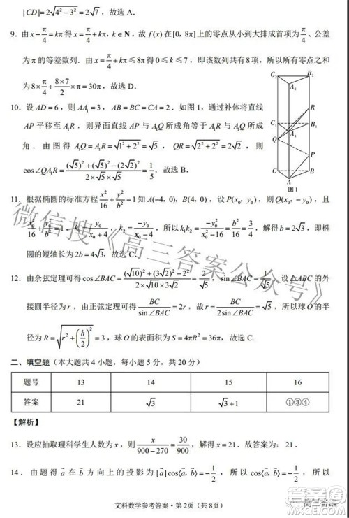 2022届云师大附中高三适应性月考七文科数学试题及答案