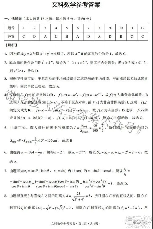 2022届云师大附中高三适应性月考七文科数学试题及答案 2022届云师大附中高三适应性月考七文科数学试题及答案
