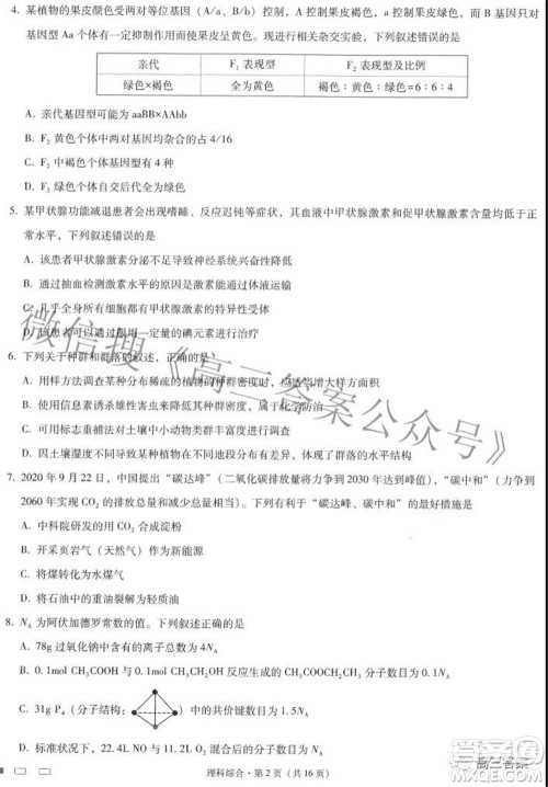 2022届云师大附中高三适应性月考七理科综合试题及答案 2022届云师大附中高三适应性月考七理科综合试题及答案