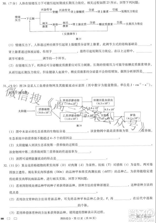 2022届云师大附中高三适应性月考七理科综合试题及答案