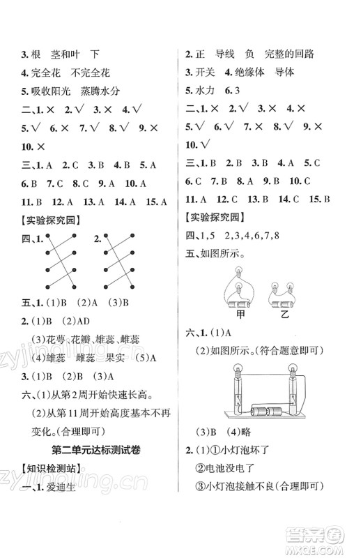 陕西师范大学出版总社2022PASS小学学霸作业本四年级科学下册JK教科版答案