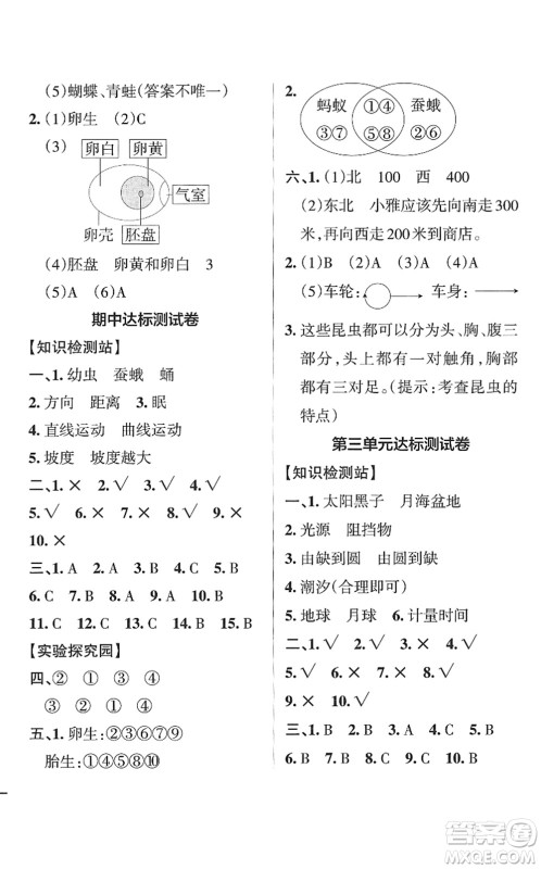 陕西师范大学出版总社2022PASS小学学霸作业本三年级科学下册JK教科版答案