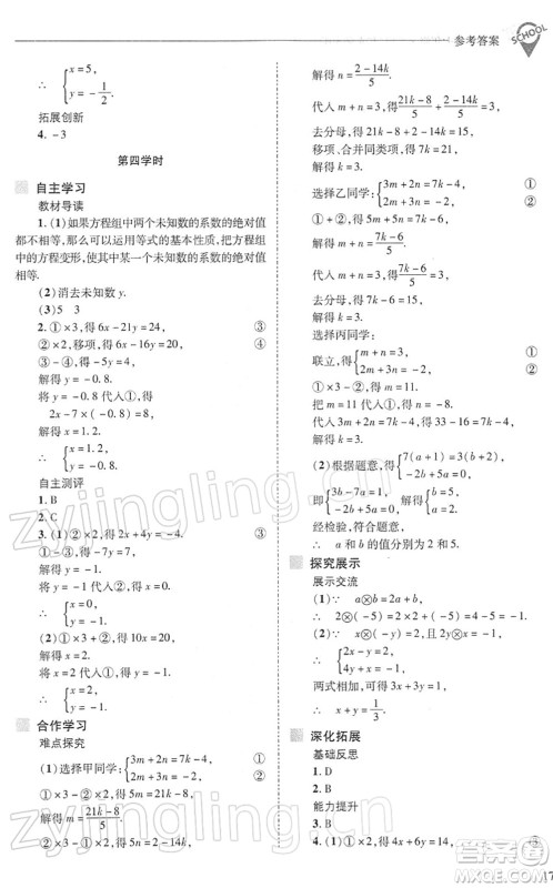 山西教育出版社2022新课程问题解决导学方案七年级数学下册华东师大版答案