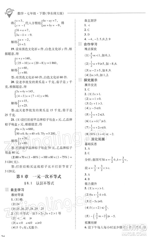 山西教育出版社2022新课程问题解决导学方案七年级数学下册华东师大版答案