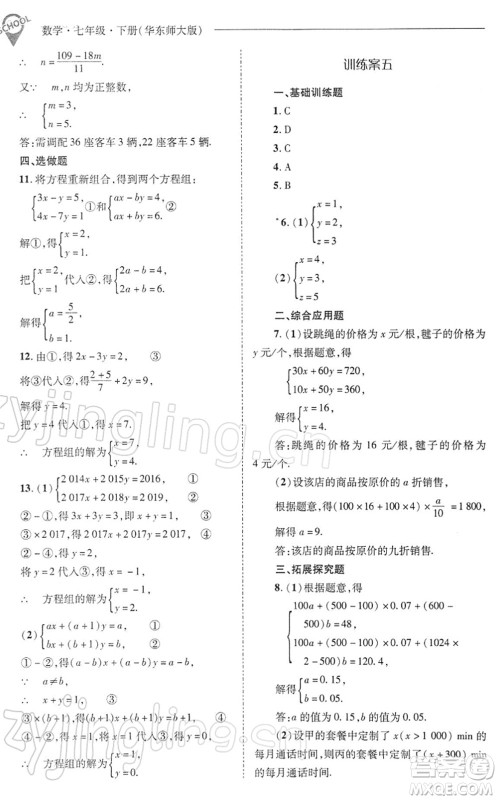 山西教育出版社2022新课程问题解决导学方案七年级数学下册华东师大版答案