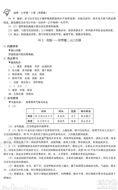 山西教育出版社2022新课程问题解决导学方案七年级地理下册晋教版答案