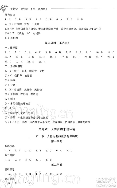 山西教育出版社2022新课程问题解决导学方案七年级生物下册凤凰版答案