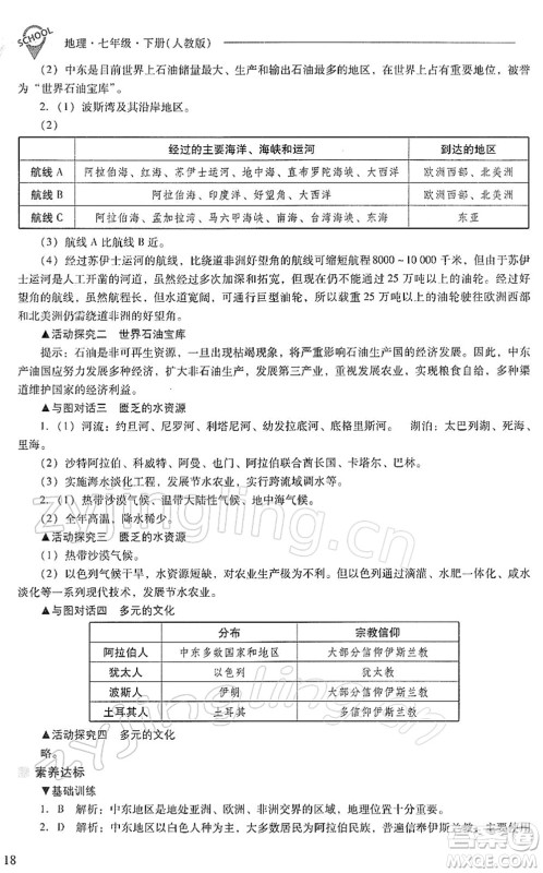 山西教育出版社2022新课程问题解决导学方案七年级地理下册人教版答案