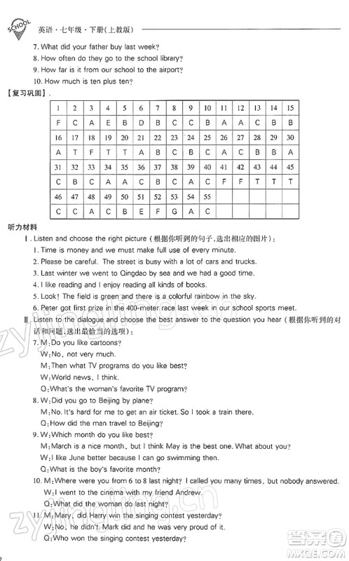 山西教育出版社2022新课程问题解决导学方案七年级英语下册上教版答案