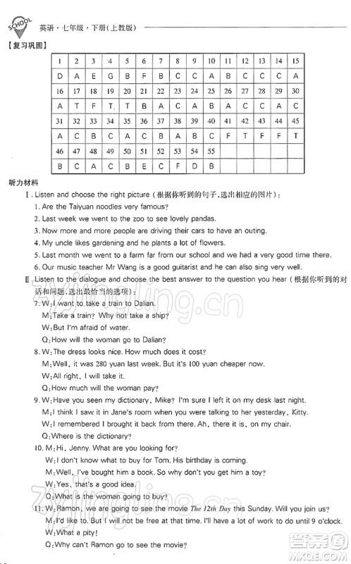 山西教育出版社2022新课程问题解决导学方案七年级英语下册上教版答案