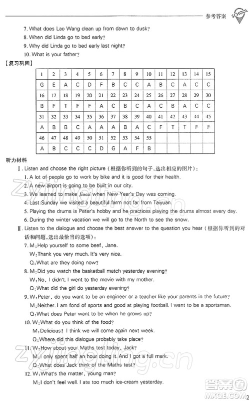山西教育出版社2022新课程问题解决导学方案七年级英语下册上教版答案