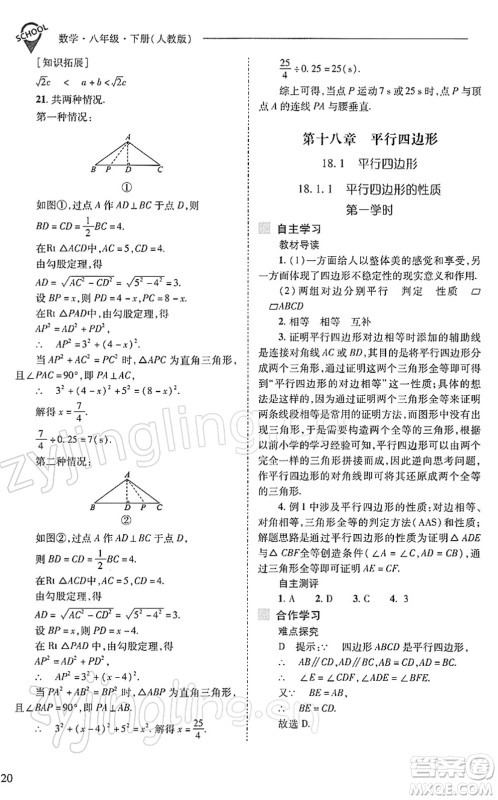 山西教育出版社2022新课程问题解决导学方案八年级数学下册人教版答案