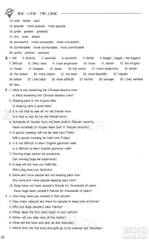 山西教育出版社2022新课程问题解决导学方案八年级英语下册上教版答案