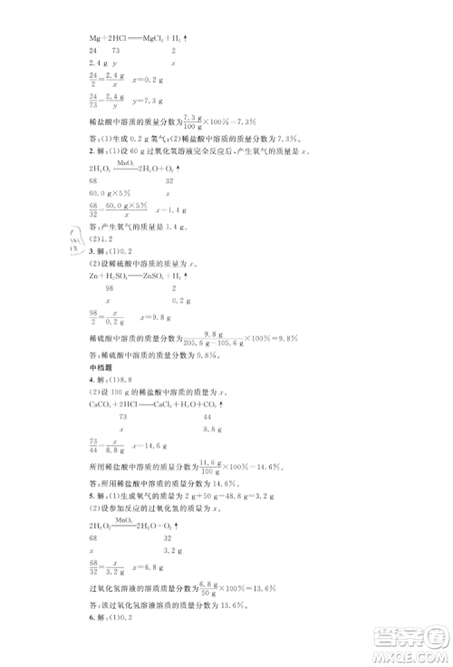 安徽师范大学出版社2022名校课堂背记手册九年级化学下册人教版河北专版参考答案