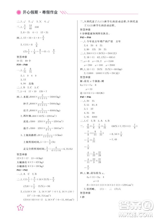 武汉出版社2022开心假期寒假作业六年级数学B版答案