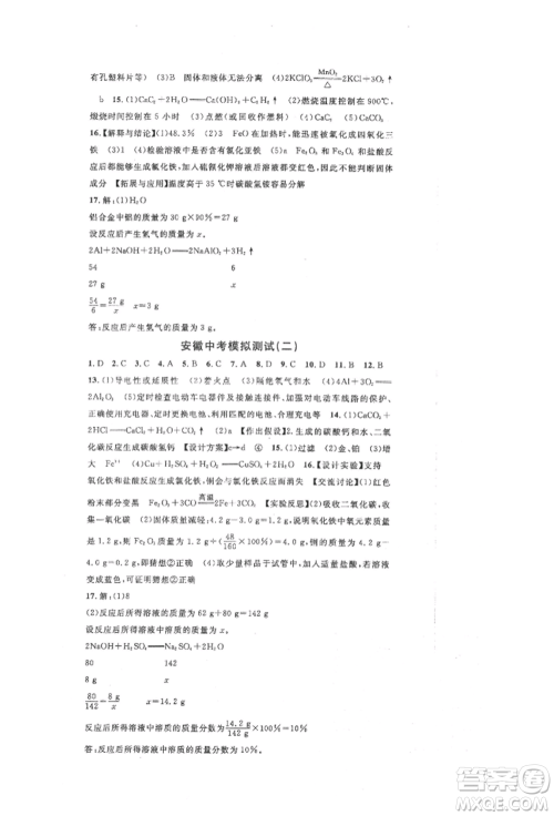安徽师范大学出版社2022名校课堂背记手册九年级化学下册人教版安徽专版参考答案