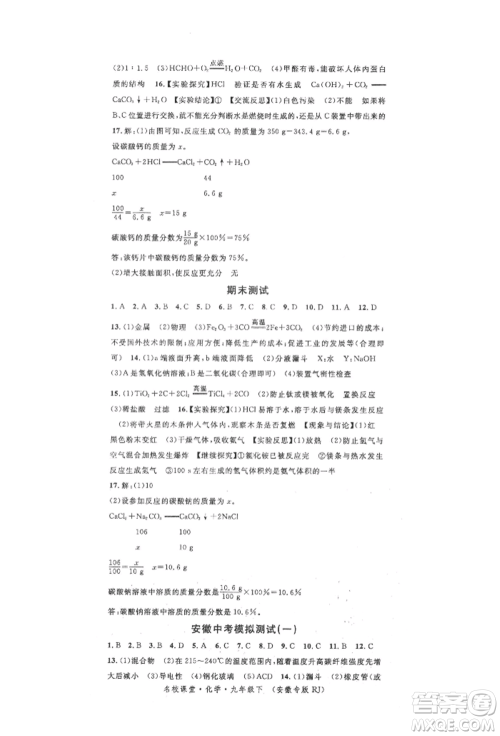 安徽师范大学出版社2022名校课堂背记手册九年级化学下册人教版安徽专版参考答案
