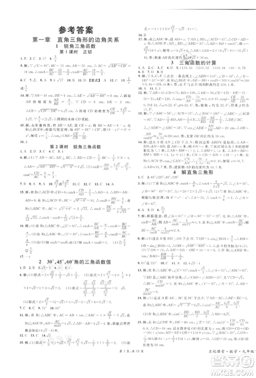 安徽师范大学出版社2022名校课堂拔高题课时练九年级数学下册北师大版陕西专版参考答案