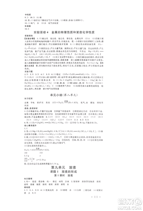 开明出版社2022名校课堂背记手册九年级化学下册人教版河南专版参考答案 开明出版社2022名校课堂背记手册九年级化学下册人教版河南专版参考答案