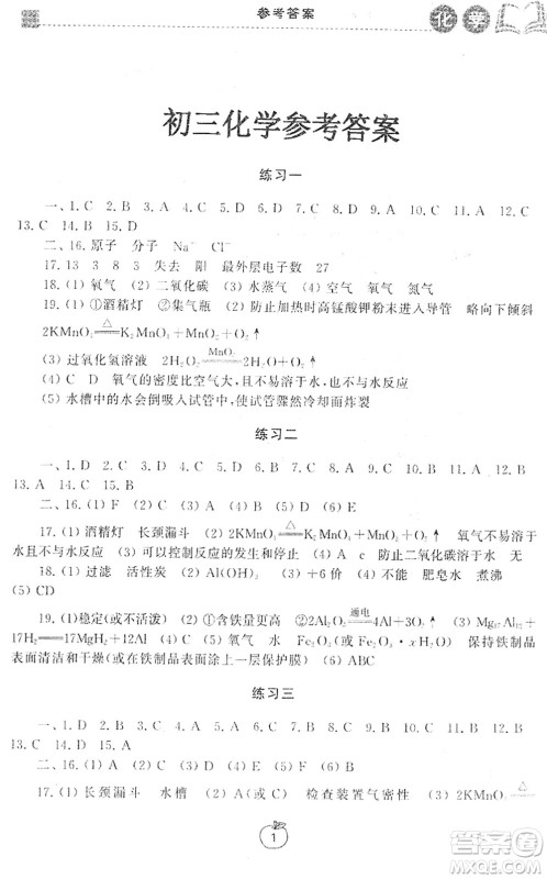 译林出版社2022寒假学习生活九年级化学提优版人教版答案