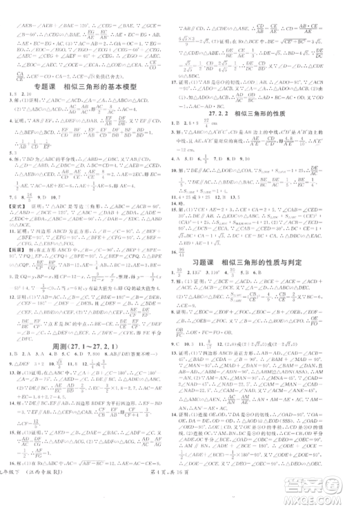 广东经济出版社2022名校课堂九年级数学下册人教版江西专版参考答案