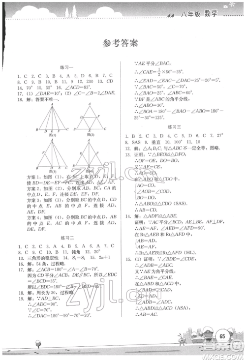 云南大学出版社2022寒假活动实践与思考综合练习八年级数学通用版参考答案
