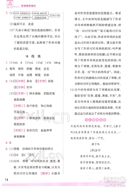 江西人民出版社2022王朝霞创维新课堂同步优化训练四年级下册语文人教版参考答案