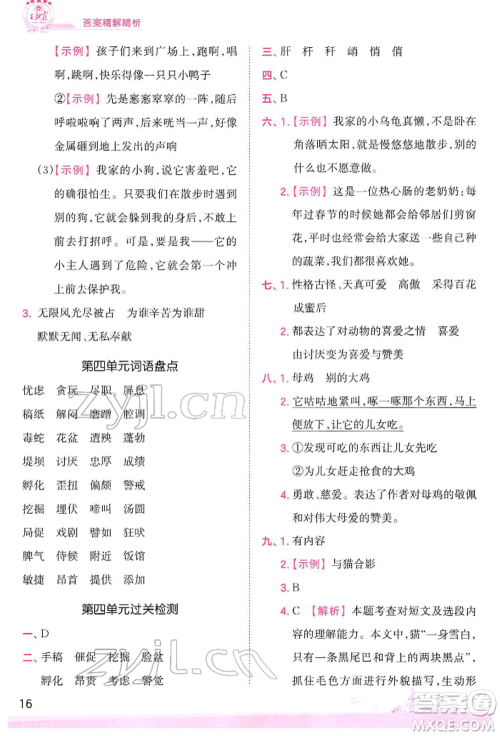 江西人民出版社2022王朝霞创维新课堂同步优化训练四年级下册语文人教版参考答案