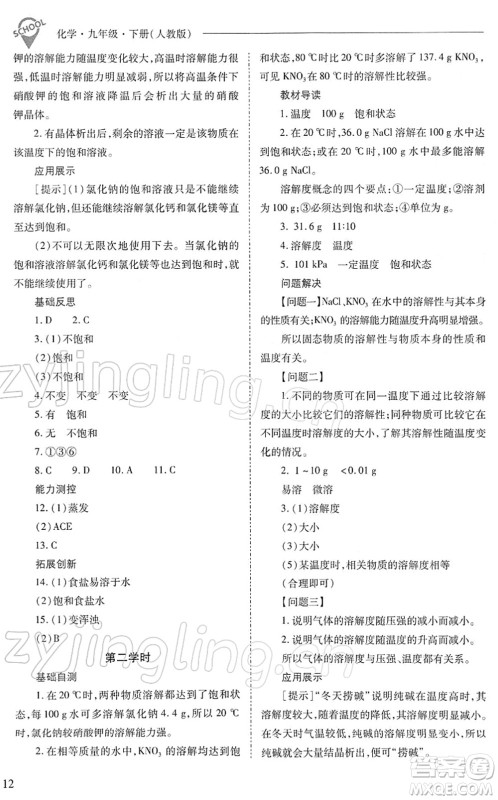 山西教育出版社2022新课程问题解决导学方案九年级化学下册人教版答案