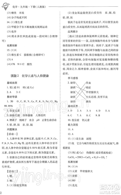 山西教育出版社2022新课程问题解决导学方案九年级化学下册人教版答案