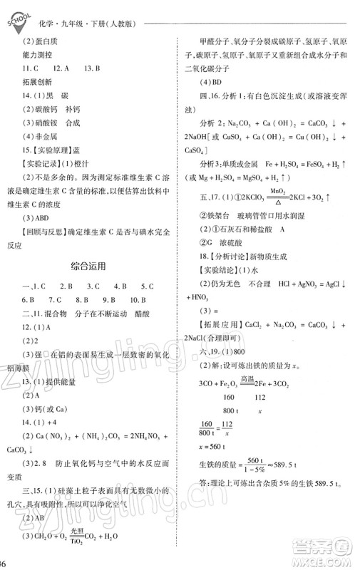 山西教育出版社2022新课程问题解决导学方案九年级化学下册人教版答案