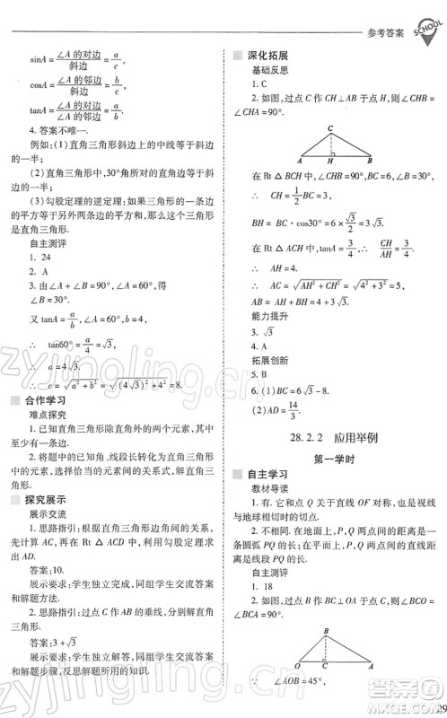 山西教育出版社2022新课程问题解决导学方案九年级数学下册人教版答案