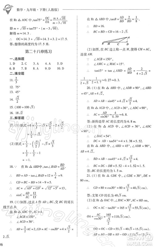山西教育出版社2022新课程问题解决导学方案九年级数学下册人教版答案